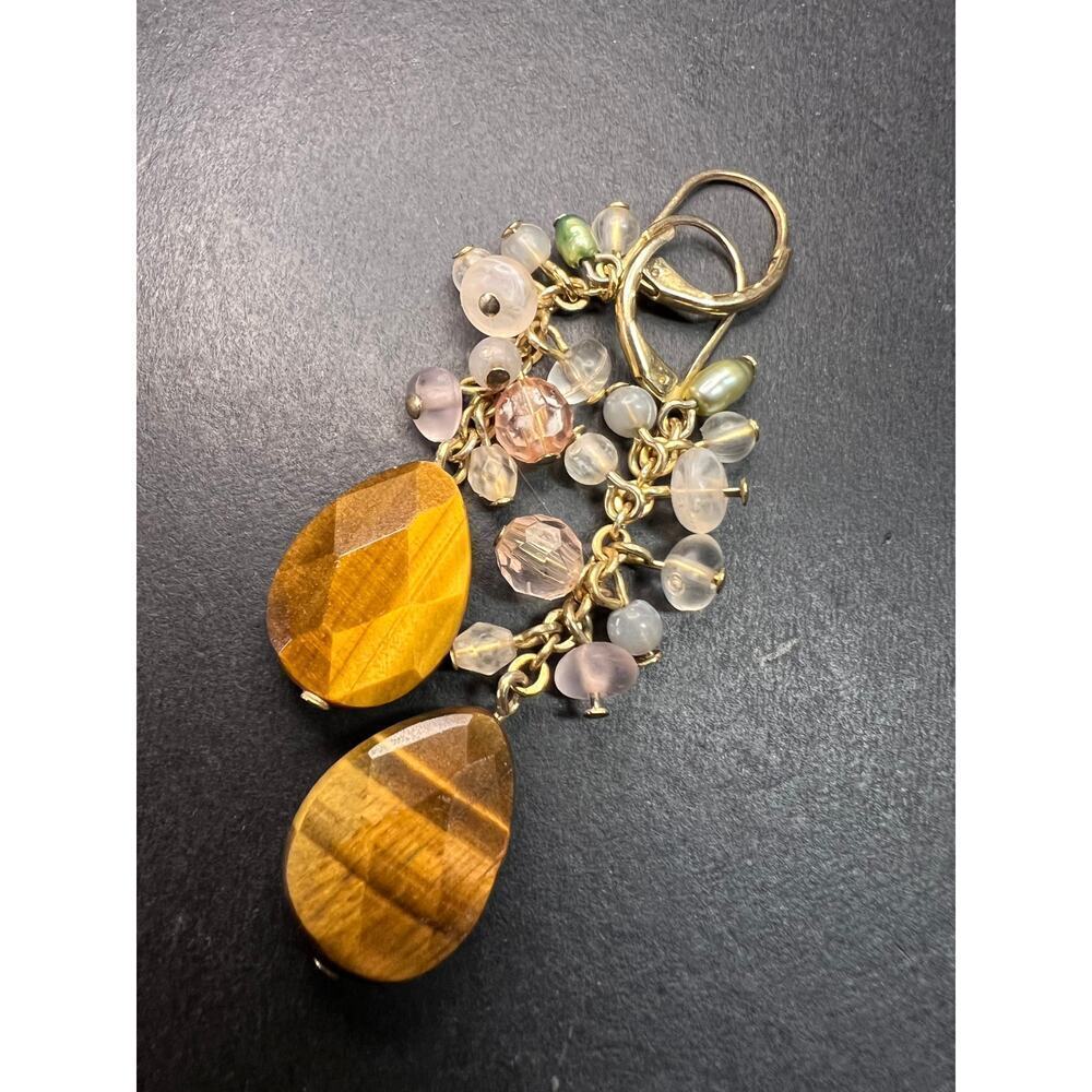 Avon tigers eye gold tone lever back chandelier earrings - Picture 2 of 7